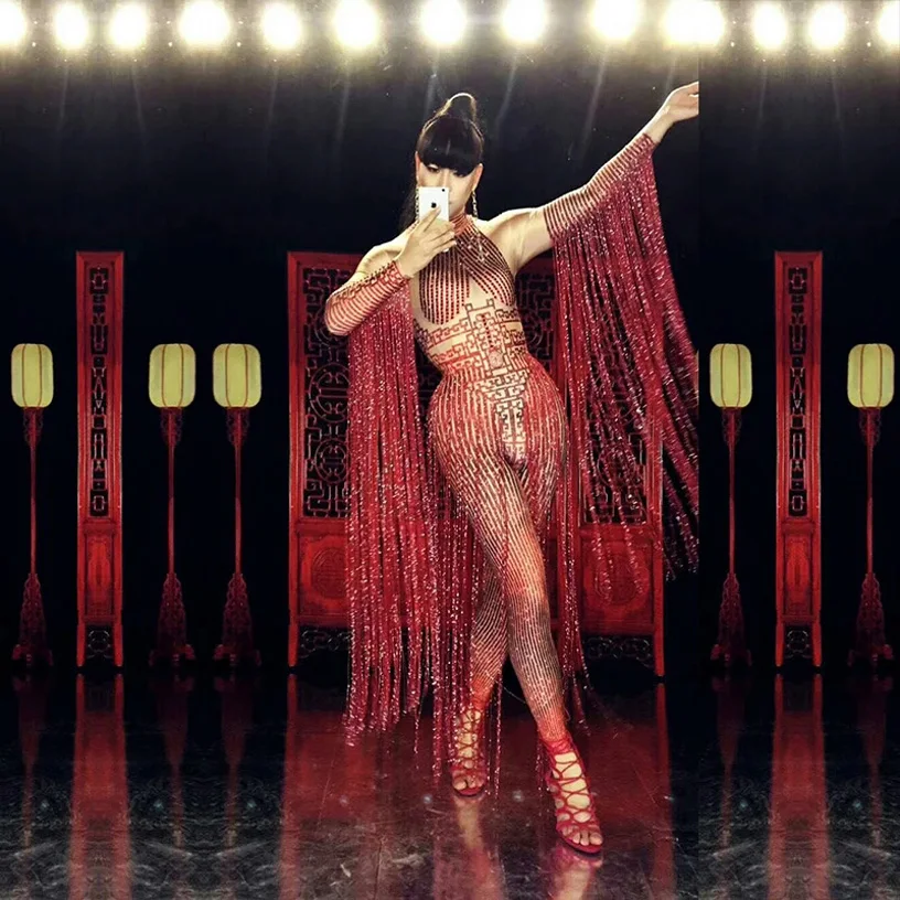Bright Red Crystals Long Tassel Jumpsuit Female Singer Rhinestone Stage Performance Dance Wear Prom Party DS Sexy Skinny Clothes