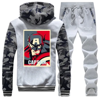 

Captain America The Avengers Winter Hot Sale 2019 Streetwear Coat Thick Men Hoodie Camouflage Warm Jacket Suit+Pants 2 Piece Set