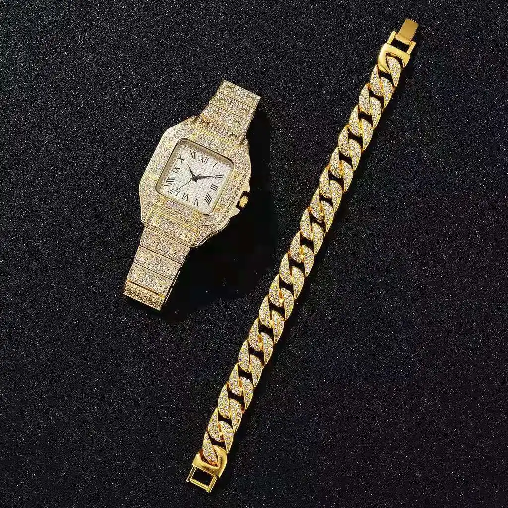 Watches for Men Luxury Hip hop Full Iced Out Gold Watch with Bracelet Cuban Chain Quartz Square Relogio Masculino Groomsmen Gift