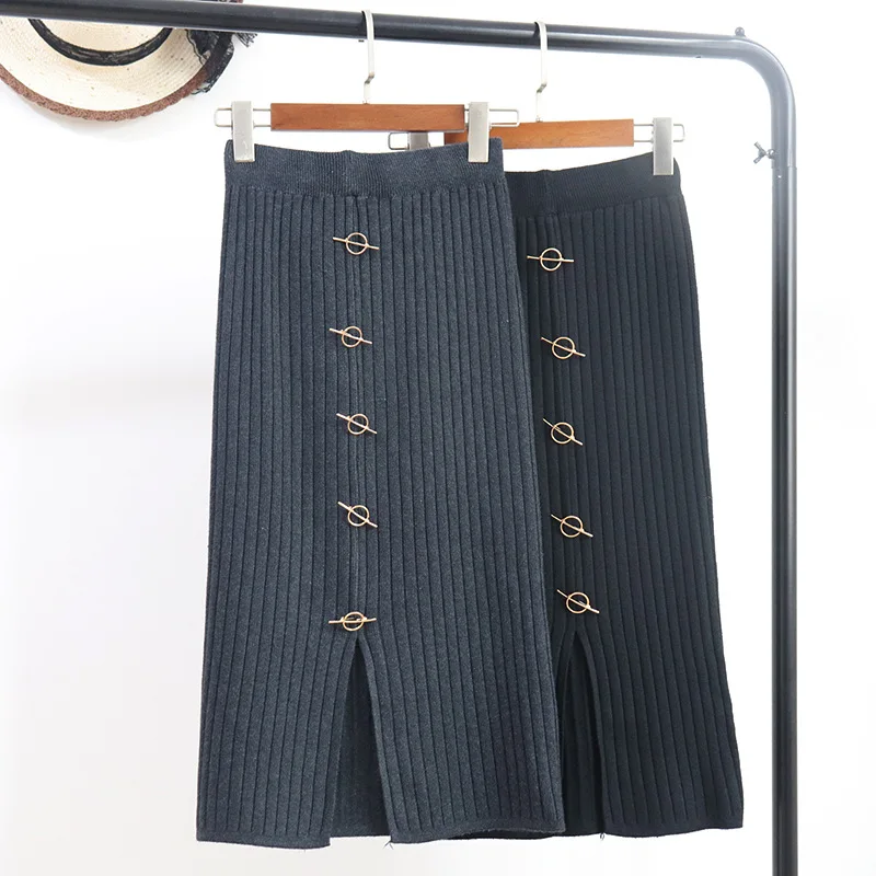 

[Attachment] Slit One-step Skirt 2018 Korean-style WOMEN'S Wear Bright Buckle High Waist Skirt Straight Knitted Skirt 6773