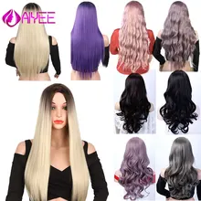 AIYEE 2" 22" длинный прямой Омбре синтетический парик Средняя часть термостойкий косплей черный фиолетовый зеленый цвета волна блонд парик