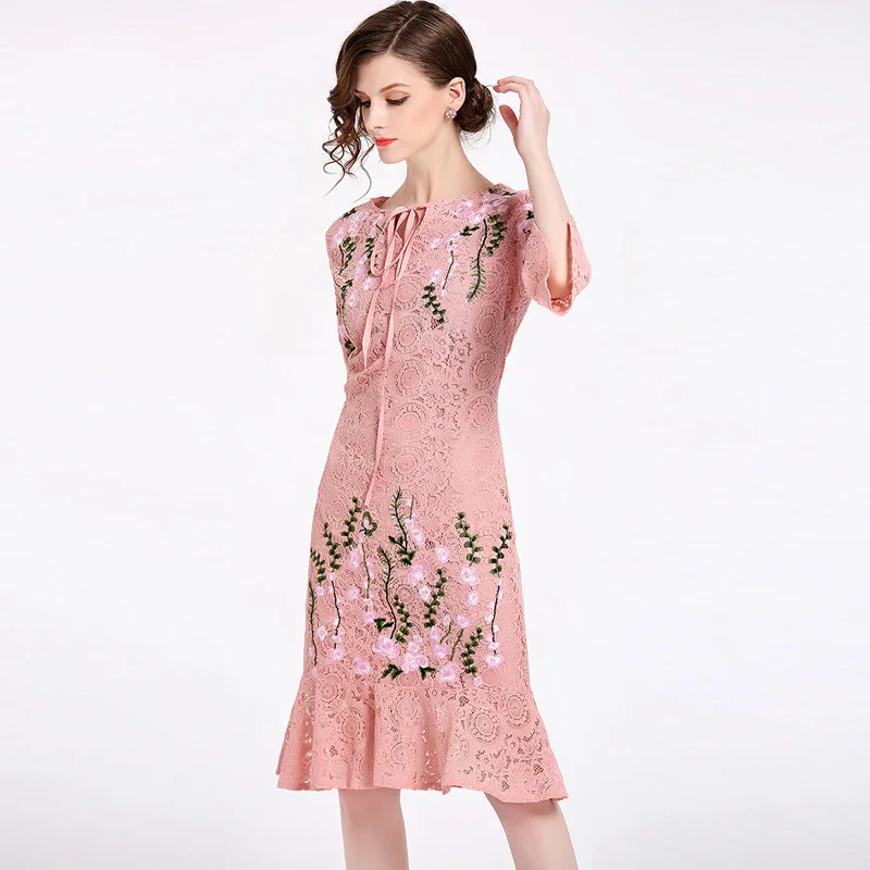HAMALIEL Vestidos, женские вечерние платья русалки,, летние розовые кружевные платья с цветочной вышивкой, с расклешенными рукавами, облегающее платье с оборками