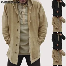 INCERUN, Осенние винтажные мужские толстовки, хлопковые, с карманами, повседневные, на пуговицах, с длинным рукавом, толстовки с капюшоном, уличная, свободная верхняя одежда