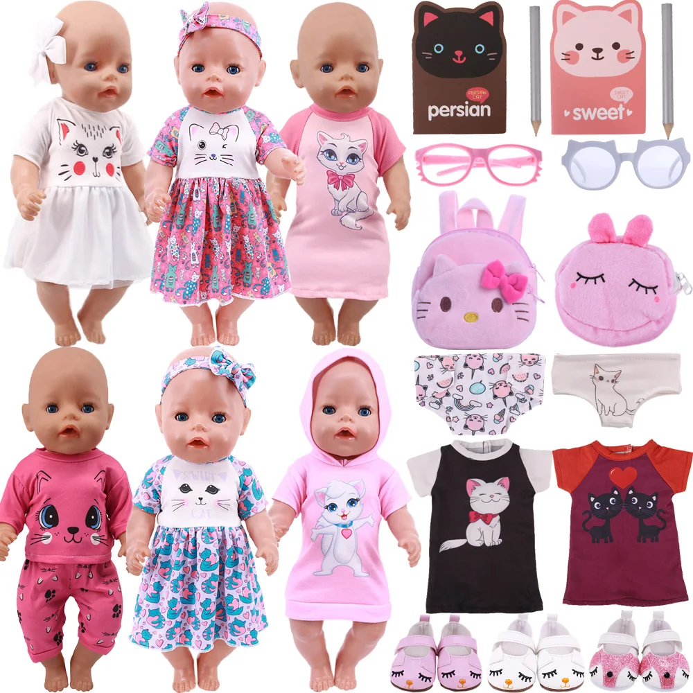 Doll Clothes Cat Print Cute Kitty Fit 18Inch American Doll Girls 43Cm Reborn Baby Clothes Items Generation Doll Accessories,Gift
