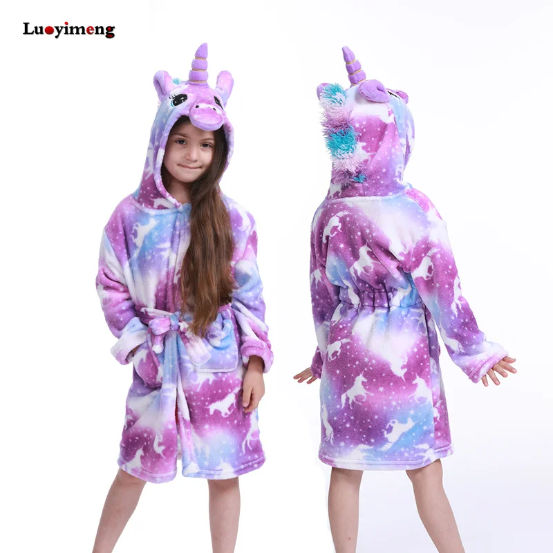 Kids Bathrobe Soft Hooded Unicorn Robe Flannel Nightgown Hooded Sleepwear Gifts for Girls 