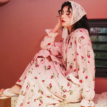 

Summer and Autumn Cotton Robes Ladies Nightdress Simple Natural Fruit Print Thin Section Loose Large Piece Home Bathrobe