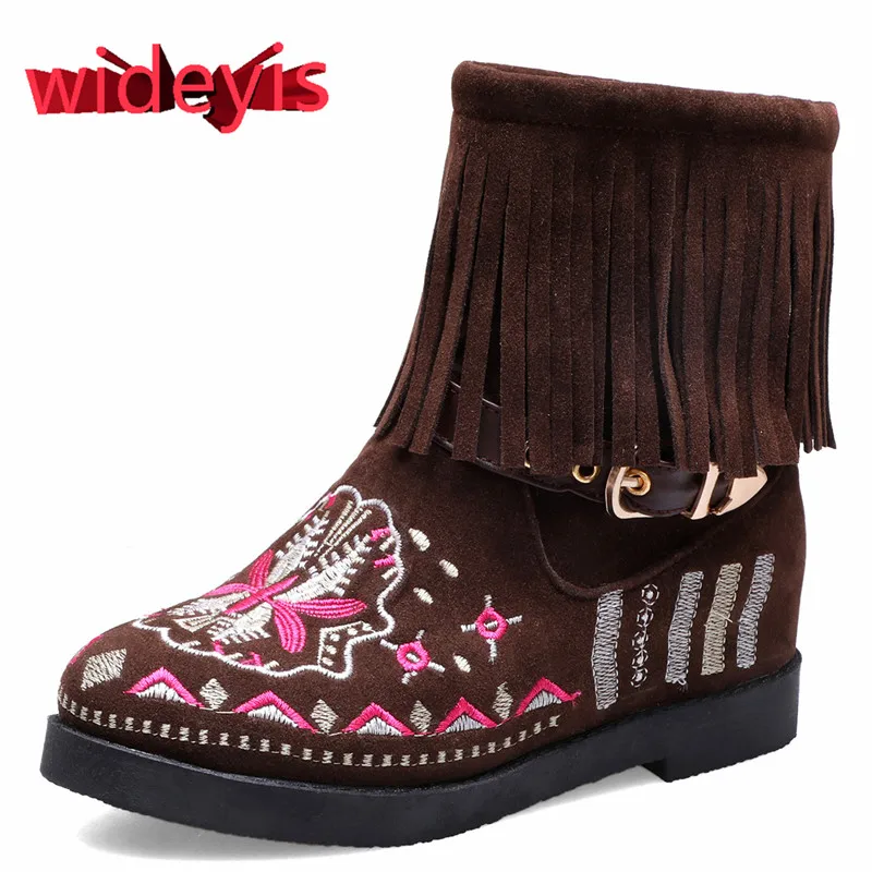 Shoes woman WIDEYIS nubuck national wind women's boots winter simple wild solid color tassel boots comfortable warm boots