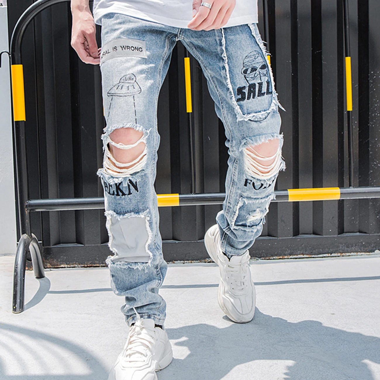Casual Pants Hip-Hop-Jeans Baggy Denim Biker-Jogger Slim-Fit Distressed-Hole Ripped Skinny