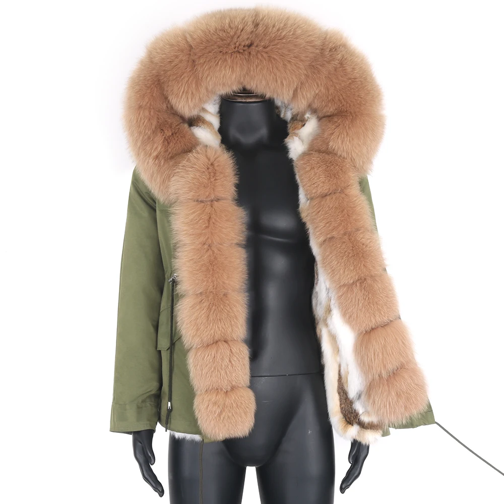 

Men Real Fur Coat Real Fox Fur Collar Hood Thick Warm Natural rabbit Fur Liner Fashion Short Streetwear Winter Parka