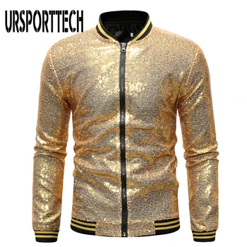 

2019 Brand New Mens Jackets and Coats Shiny Gold Sequins Baseball Jacket Men Casual Club DJ Stage Singer Jacket Veste Homme XXL