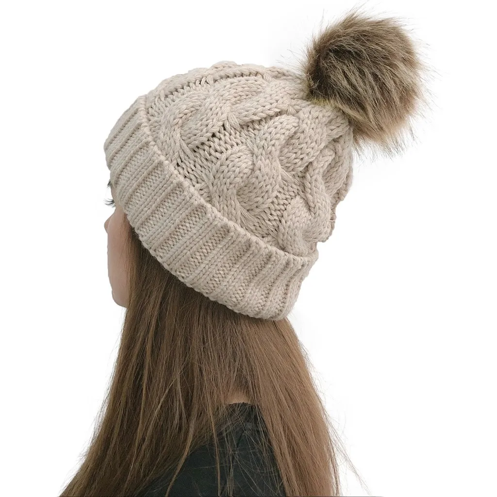 Лыжная Шапка, женская вязаная шапка с натуральным мехом, шапка с помпоном Skully Beanie, зимняя женская шапка, женская шапка T2 - Цвет: Бежевый