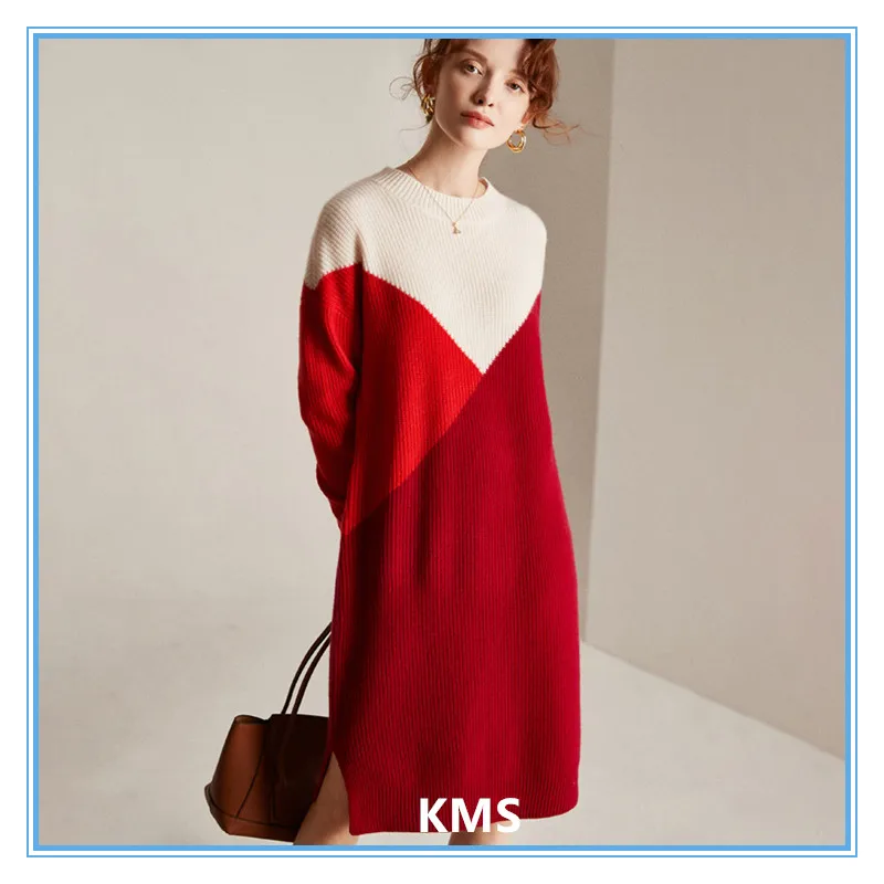 

KMS Latest New Pure Cashmere Sweater Matching Color Casual Round Neck Bottoming Shirt Sweater Skirt Mid-length Women One Size