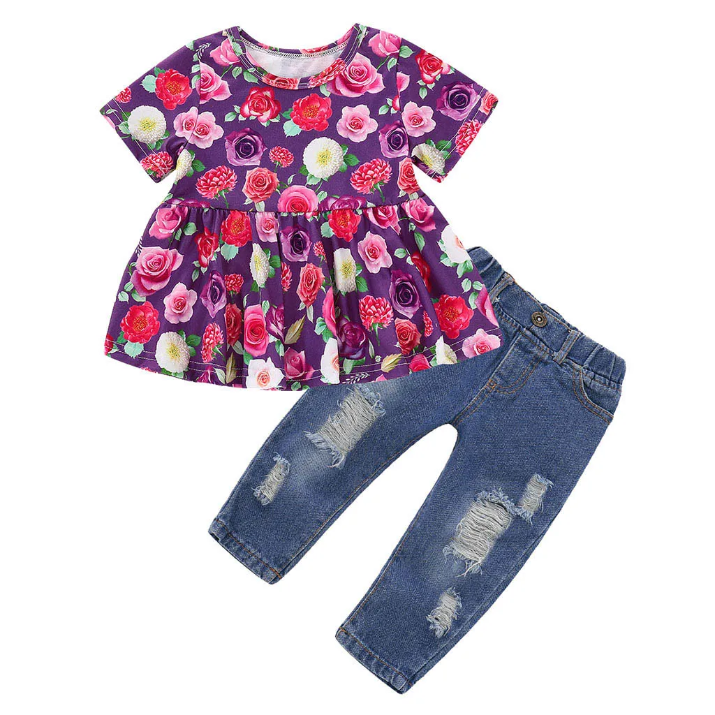 Г. Одежда для маленьких девочек осенний укороченный топ с цветочным принтом+ джинсовые штаны с дырками джинсовые комплекты одежды для малышей conjuntos Baby invierno - Цвет: Золотой