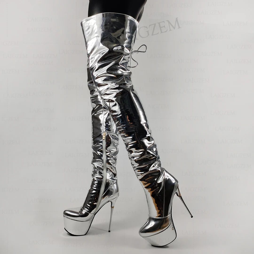 

BERZIMER Women Over Knee Platform Boots Metal Thin High Heels Boots Thigh High Club Female Sexy Shoes Woman Plus Size 33 40 43