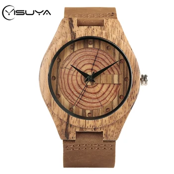 

YISUYA Handmade Natural Retro Wooden Watches Table Double Wood Grain Circle Literal Genuine Leather Quartz Watches for Men Women