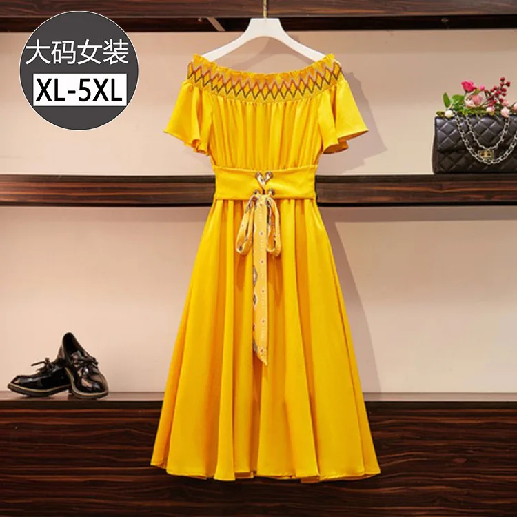 

Large Size Dress National Wind off-Shoulder Bell Sleeve Waist Hugging Lace-up Frilled Slimming Mid-length Dress Fat Mm