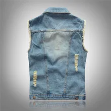 Large Size Korean-style Slim Fit Trend MEN'S Wear Denim Waistcoat Men Light Color Vest Waistcoat with Holes Denim Vest