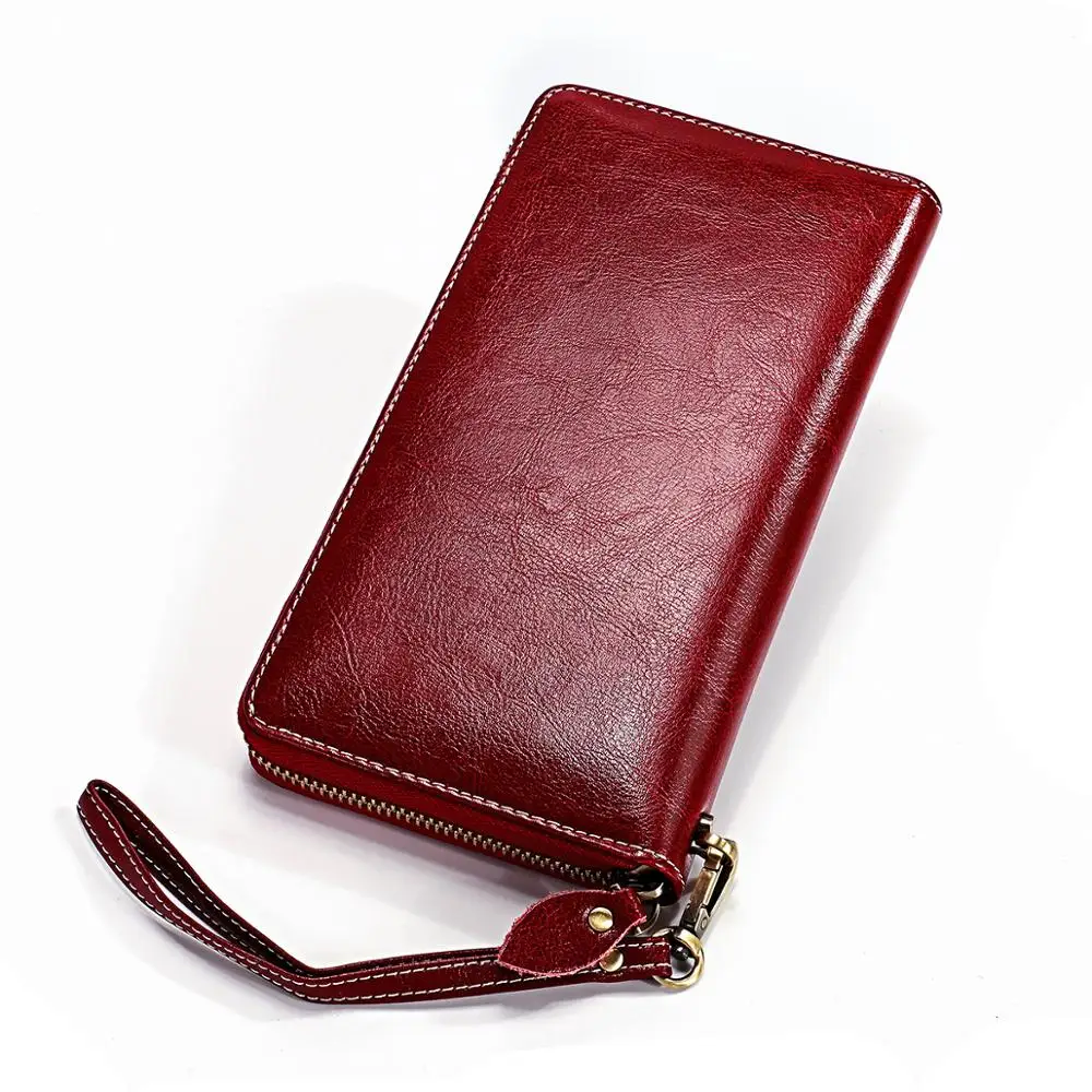 RFID дизайн женские клатчи кошельки из натуральной кожи женский длинный кошелек на молнии портмоне Crazy Horse Cowskin деньги телефон сумка - Цвет: Wine Red