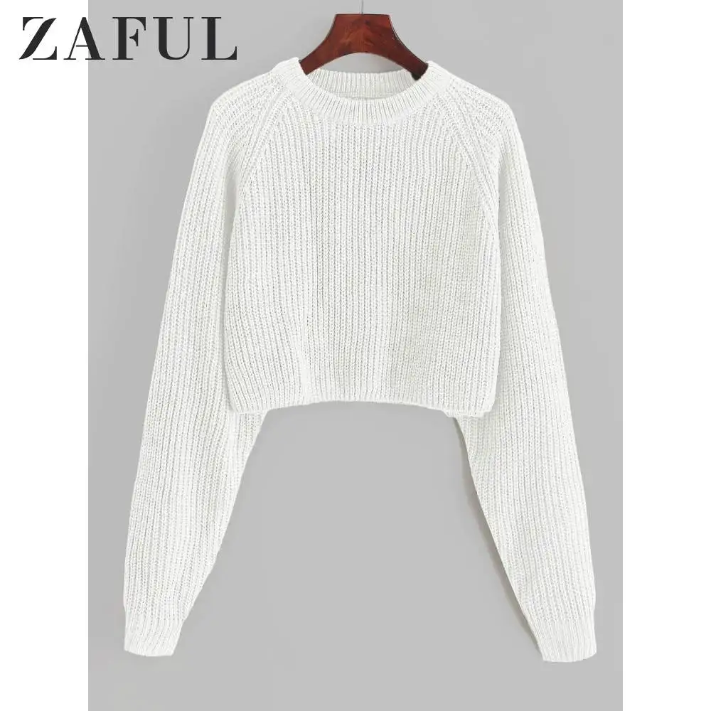 ZAFUL свитер с рукавом реглан, Короткие топы с вырезом лодочкой и длинными рукавами, свободные одноцветные пуловеры на каждый день, осень для девочек и женщин