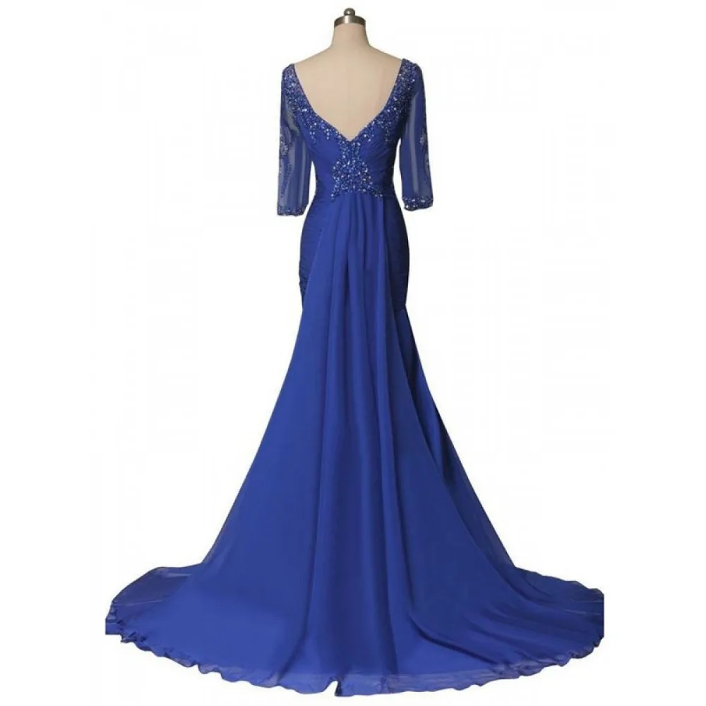 Современные Половина рукава Синий Шифон VestiDos De Fiesta De Madrinas оболочка Иллюзия Бисероплетение крест-накрест костюм платья матери невесты