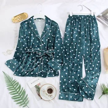 

Winter Women Pajamas Warm 2 Pieces Gold Velvet Pajamas Set Thickening Female Sleepwear Sexy Long Sleeve Printing Home Clothes
