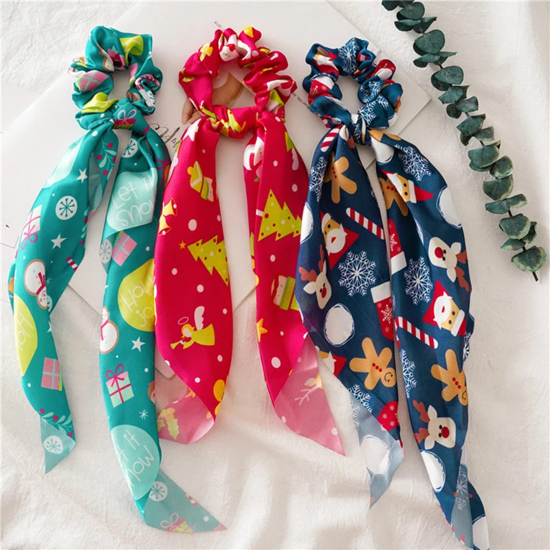 Christmas New Floral Dot Streamers Scrunchies Women Hair Scarf Elastic Bow Hair Rope Ribbon Band Girls Hair Accessories