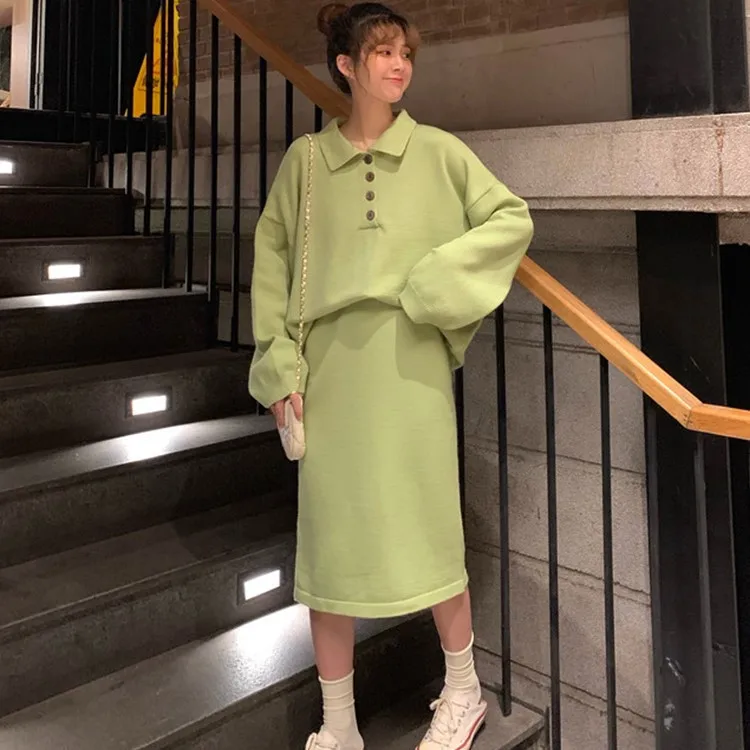 

Photo Shoot ~ 2019 Korean-style Polo Collar Loose-Fit Slimming Cored Dehaired Angora Knitted Sweater Set