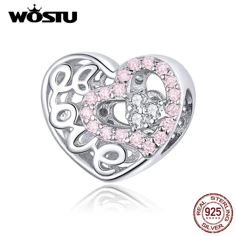 WOSTU, 925 пробы, серебряные бусины в форме сердца, розовый циркон, ажурные подвески, подходят к оригинальному браслету, Подвеска для женщин, ювелирные изделия CQC1301