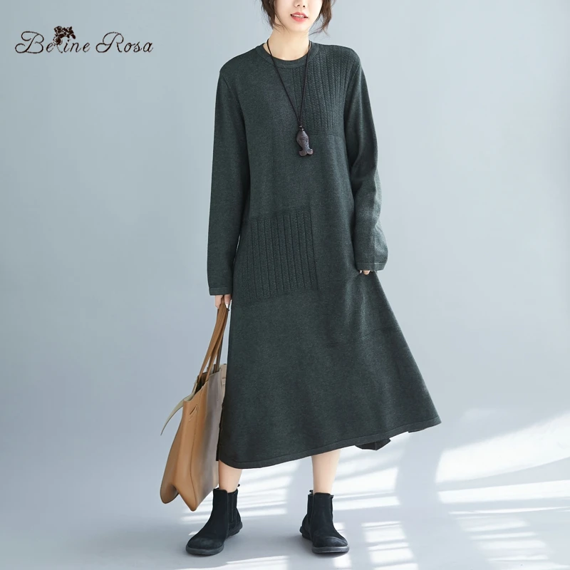 

BelineRosa Army Green Color Knitting Dresses Loose Long Sleeve Mid-Calf Length Basic Plus Size Winter Dress YYBW0009