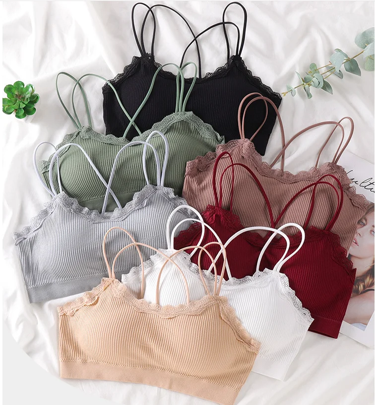 

Seamless Sexy Lace Side Underwear Bra Elastic Short Tops Comfortable Thread Casual Cross Strap Beauty Back Small Tube Top