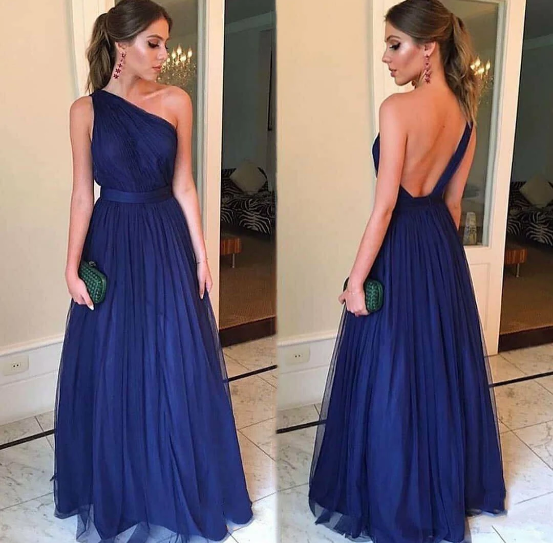 

Sexy Long One Shoulder Royal Blue Evening Dresses with Pockets A-Line Criss Zipper Back Abendkleider Robes De Soirée for Women
