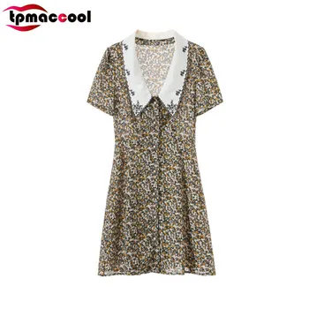 

Tpmaccool luxury designer 2020 women Summer dress embroidery collar Floral print chiffon babydoll style mini party Dresses S-L
