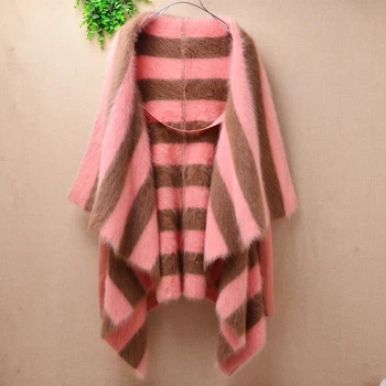 

1 ladies women Spring Striped fluffy mink cashmere loose female Angora Rabbit Fur long knitted sleeves mantle coat cardigan tops