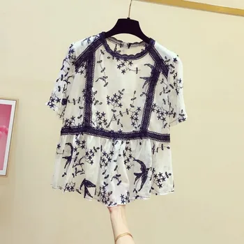 

vintage embrpidery women blouse 2020 summer new short-sleeved loose lady elegant pulls outwear coat tops