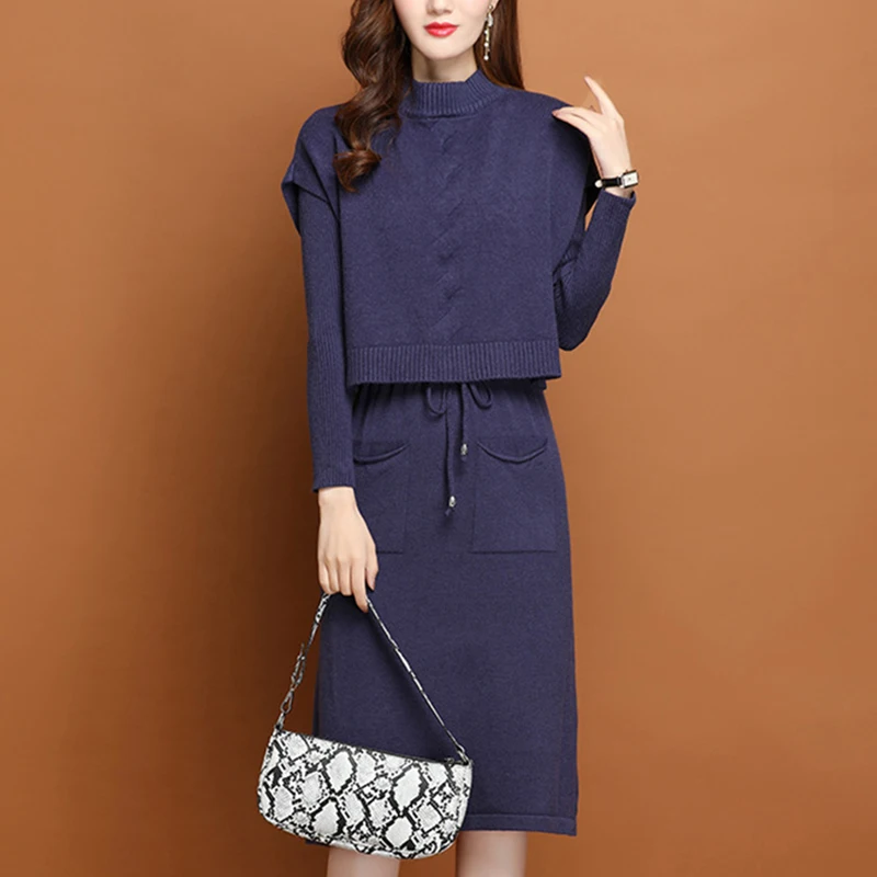 

Winter Sweater Dress Women Elegant Retro Korean Loose Plus Size Knitting Two-piece Dress Suit Khaki Purple Black Fashion Dresses