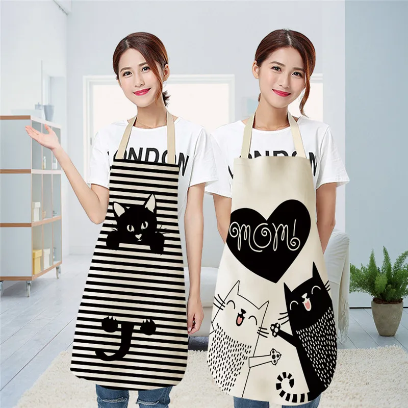 Cute Cat Pattern Kitchen Aprons Women Adult Kids Black White Cartoon Cat Cotton Linen Bibs Home Cooking BBQ Apron