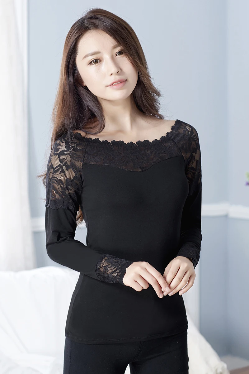 Camisas mujer, Новинка осени, Сексуальная кружевная футболка с v-образным вырезом, женские топы, Тонкая Повседневная рубашка с длинным рукавом, женская футболка, camiseta mujer