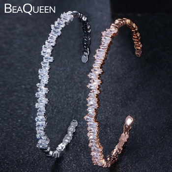 

BeaQueen Fashion Clear Baguette Square Cubic Zirconia Stone Setting Adjustable Size Round Cuff Open Bangles for Women B152