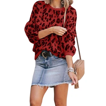 

New Women's Sweater Autumn Lantern Sleeve Leopard Jacquard Long Sleeve Plus Size Cotton Loose Round Collar Pullover Sweater