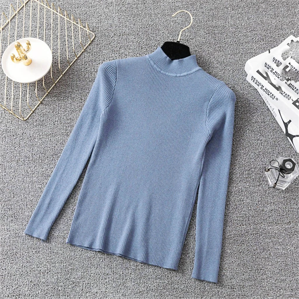 Fashion Blouse Women Top Korean Harajuku Long-sleeved Knitting Shirt  Solid Color Slim Semi-High Collar Elegant Shirts 826