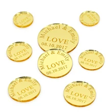 60x Персонализированные Свадебные пользовательские Золотые Зеркальные круговой украшения выгравированы пару имена Любовь Круглый вечерние Стол Центральные элементы, сувениры