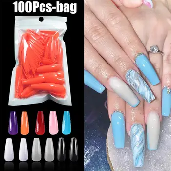 

100 Pcs Solid Color Full Cover Plastic Shiny High-Hard Holiday Nails Ballerina Simple Pointed Fake Nail Extension Press Manicure