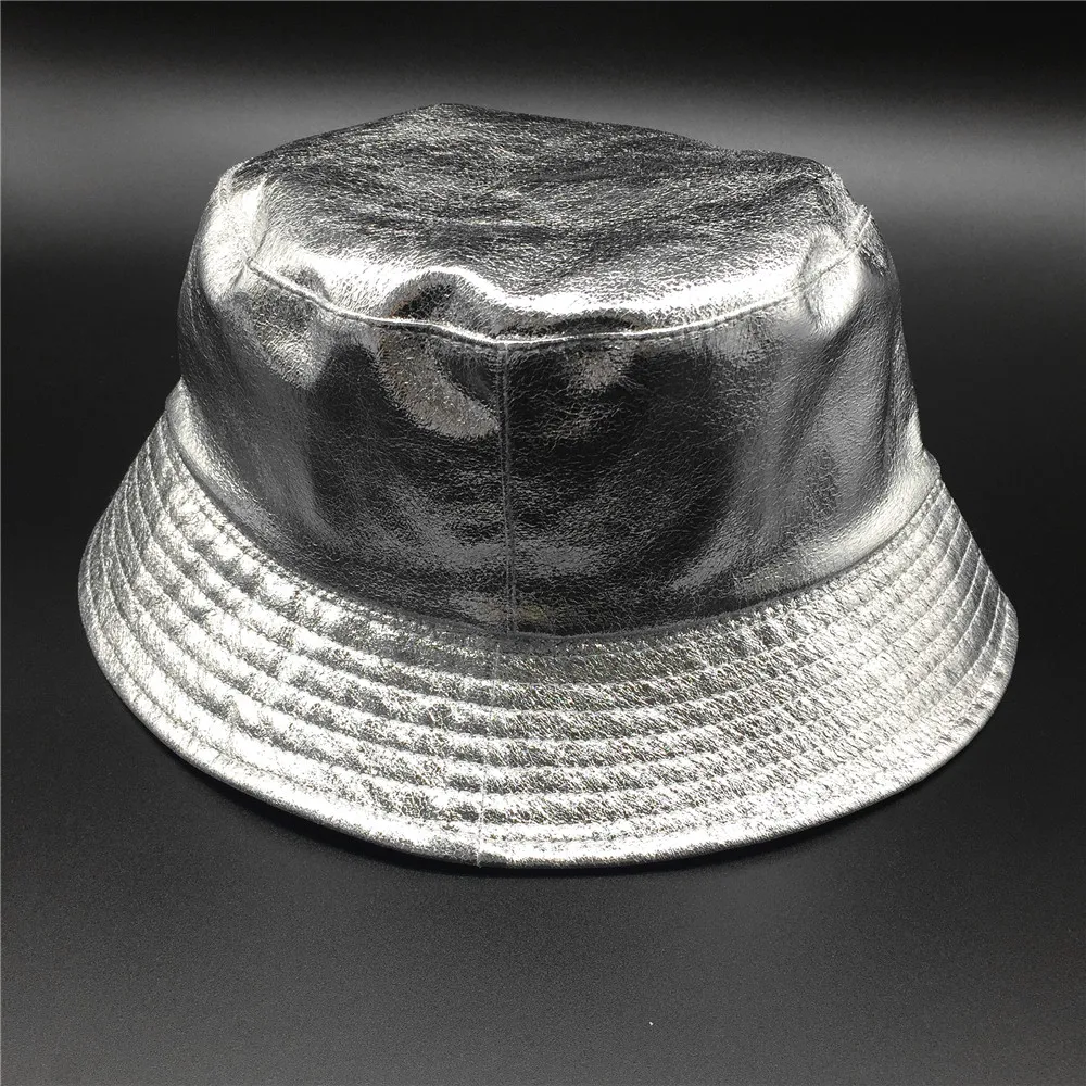 Женская однотонная Серебристая шляпа-ведро из искусственной кожи с металлическим покрытием, двусторонняя женская шляпа из искусственной кожи и хлопка, рыбацкая шляпа, женские шляпы для защиты от солнца - Цвет: Silver