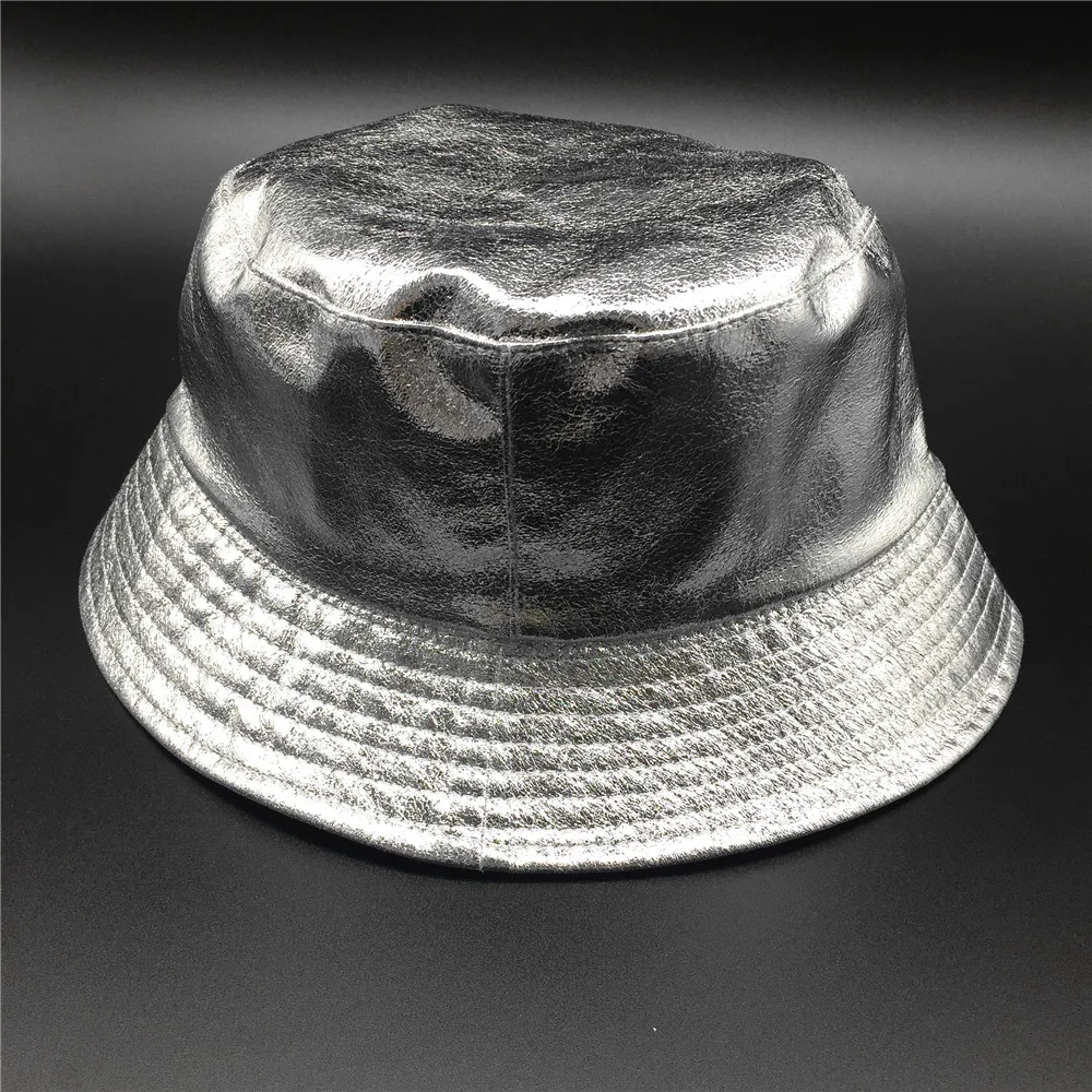 Silver Женская однотонная Серебристая шляпа-ведро из искусственной кожи с металлическим покрытием, двусторонняя женская шляпа из искусственной кожи и хлопка, рыбацкая шляпа, женские шляпы для защиты от солнца - Цвет: Silver
