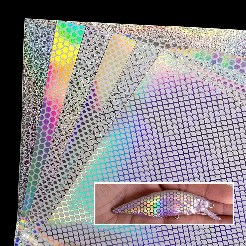 

Fishing Lure Stickers 10pcs/lot 20X10cm Clear Laser Fish Scale Adhesive Sticker Film DIY Transparent Fish Skin Fishing Stickers