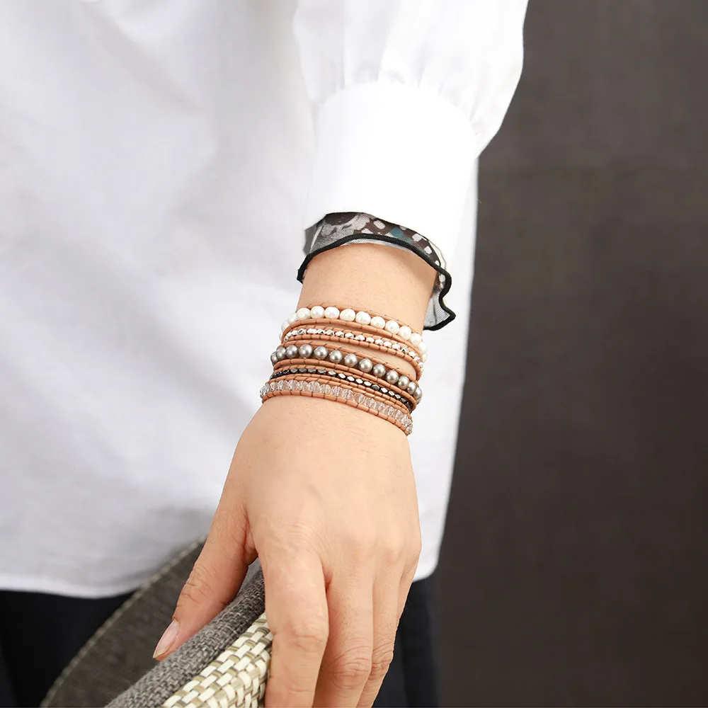 Изысканные жемчужные хрустальные гематитовые бусины 5 слойные кожаные браслеты