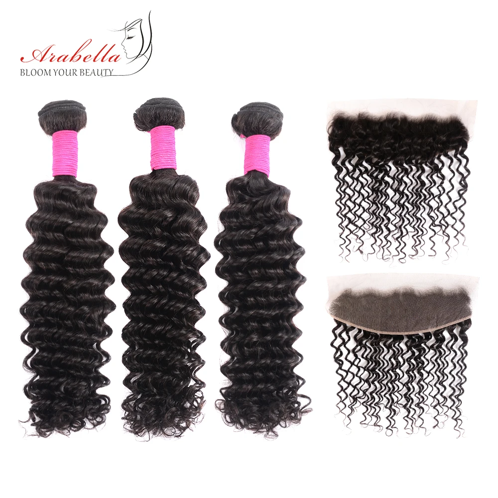 Deep Wave Hair Bundles With 13*4 Transparent Lace Frontal Pre Plucked Arabella 100% remy Human Hair Lace Front With 3 Bundles