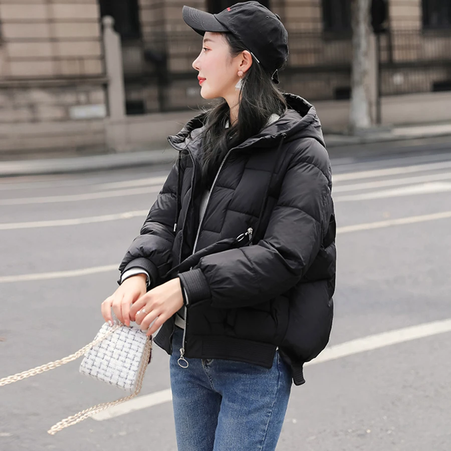 Повседневное тонкое пуховое пальто с капюшоном женские зимние короткие свободные плотные однотонные пуховики женские высокие уличные корейские модные пиджаки на молнии