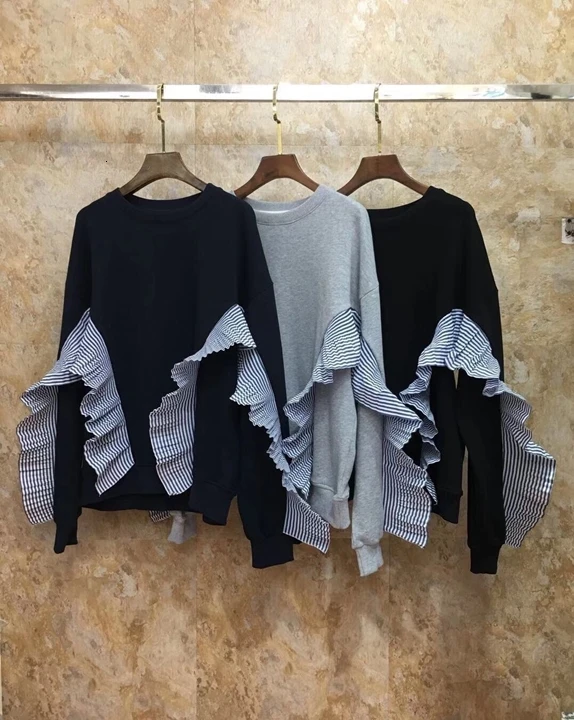 autumn Early new women's round collar, irregular stripes, pleats, stitching and decorating long-sleeved 100-jacket 1006