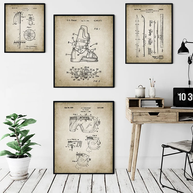 Ski Poster Prints Retro Poster Ski Patent Canvas Prints Home Decor Vintage Ski Sport Poster Canvas Painting Wall Picture Living Room Decoration